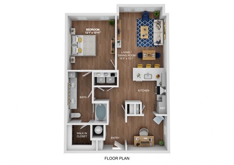 Floor plan for 1 bed, 1 bath, 940 sqft